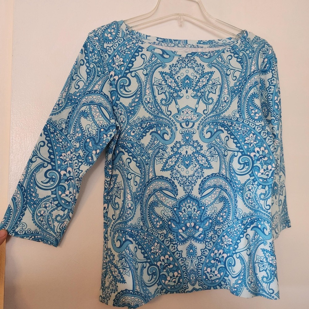 Talbots Blue Paisley‎ 3/4 Sleeve Cotton Boat Neck Tee Small